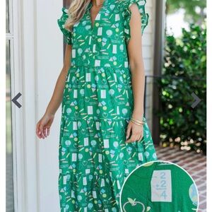 Green School Print Midi Dress with Ruffle Sleeves & Pockets